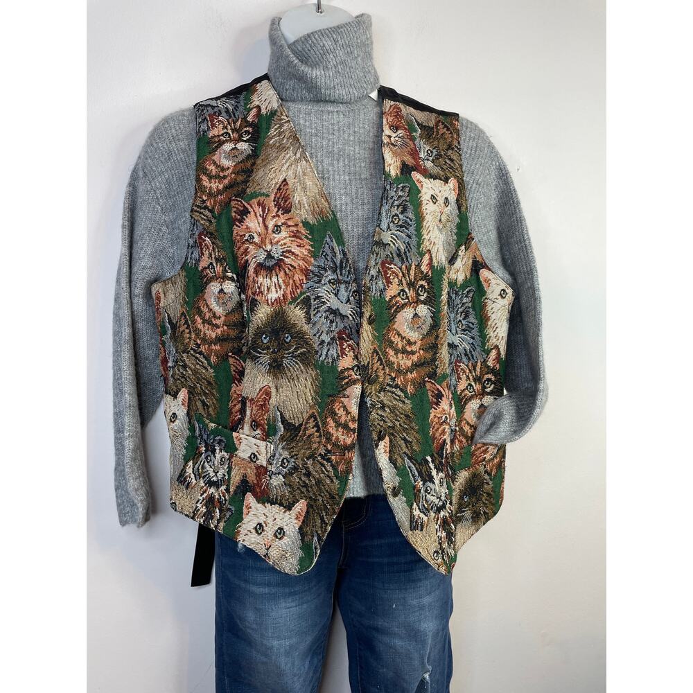Vintage 90s Karen Scott Cat Cats Kitties Tapestry Vest Waistcoat Plus Size 2X - Picture 4 of 12